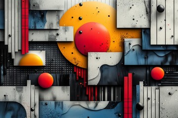 An abstract image featuring a monochrome palette with bold splashes and shapes in color amidst a structured backdrop