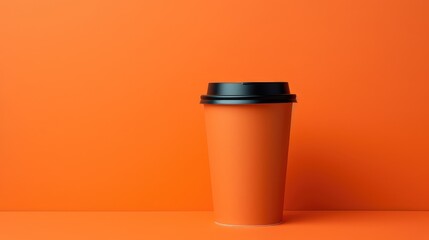 A black and orange coffee cup sits on a bright orange background