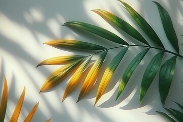 Obraz premium A sun-kissed palm leaf with varying shades of yellow and green, reflecting a sunny and warm atmosphere
