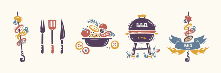 BBQ Party Time Vector Set. Portable Charcoal Grill. Ribbon Banner with Fire Flames and Grilled Vegetables. Barbeque Vegetable Skewer. Fork, Spatula, Knife. Healthy Vegan and Vegetarian Food Concept.