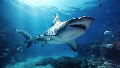 Naklejka premium Great White Shark in the ocean, portrait of White shark hunting prey in the underwater