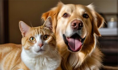 Portrait of Happy dog and cat that looking at the camera together isolated on transparent background, friendship between dog and cat, amazing friendliness of the pets.