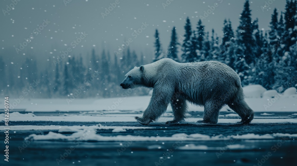 Wall mural A large polar bear walking across a frozen lake in the snow, AI