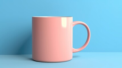 A pink coffee cup sits on a blue background