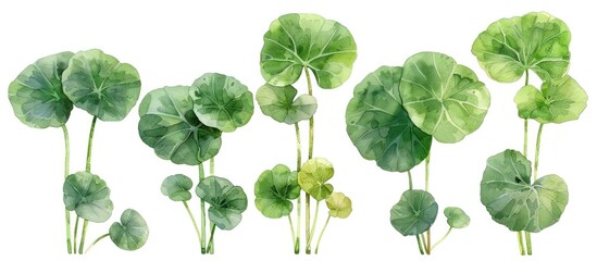 Watercolor of Thai Pennywort leaves on a white background for health and wellness