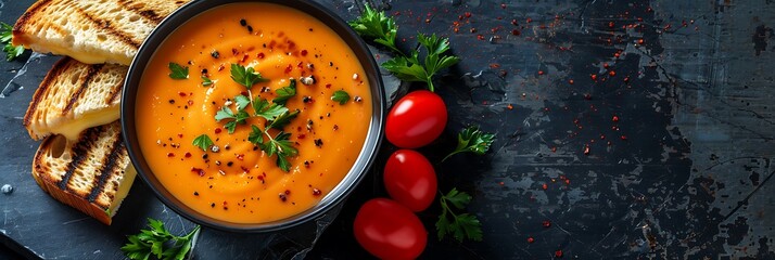Grilled cheese with tomato bisque, fresh food banner, top view with copy space