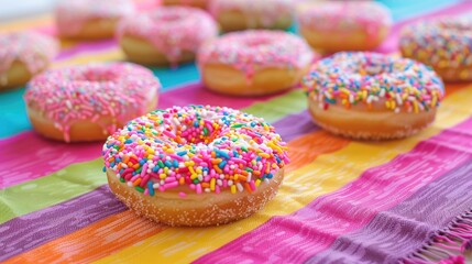 Colorful donuts topped with rainbow sprinkles displayed on a vibrant rainbow placemat