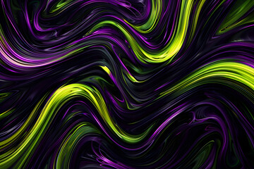 Dynamic neon green and purple abstract waves pattern. A captivating design on black background.