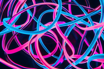 Electric blue and pink neon lines abstract composition. Mesmerizing artwork on black background.