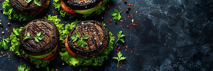 Grilled portobello mushroom burger with avocado, fresh food banner, top view with copy space