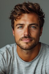 Fototapeta premium A man with a beard and grey shirt posing for the camera, AI