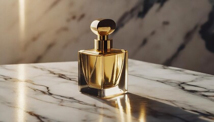 elegant perfume bottle on marble surface with golden light luxury product branding