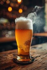 A glass of a beer with smoke coming out from the top, AI
