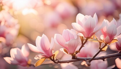 magnolia tree blossom in springtime tender pink flowers bathing in sunlight warm april weather