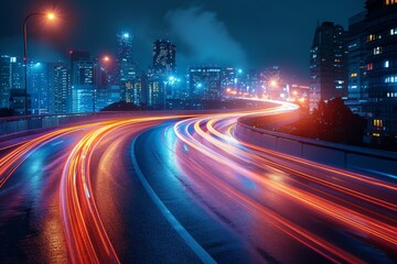 Fototapeta na wymiar A dazzling night view of curved roads with light streaks in a bustling city