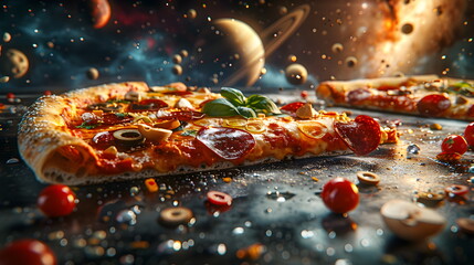 Pizza Space Design / Pizza im All Poster / Pizza Action Wallpaper / Pizza Hintergrundbild / Ai-Ki generiert - obrazy, fototapety, plakaty