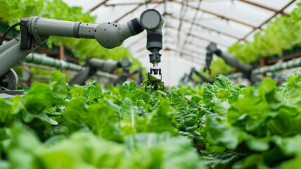Automatic Agricultural Technology With Robots Harvesting Lettuce In Greenhouse.