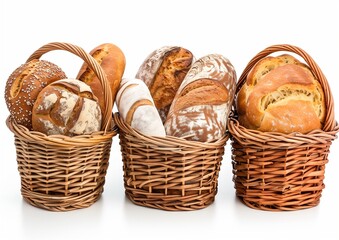 Assorted Fresh Bakery Breads in Wicker Baskets on White Background