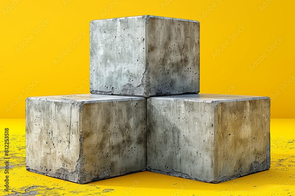 Poster a trio of geometric concrete blocks on a yellow backdrop demonstrates the interaction of man-made ob