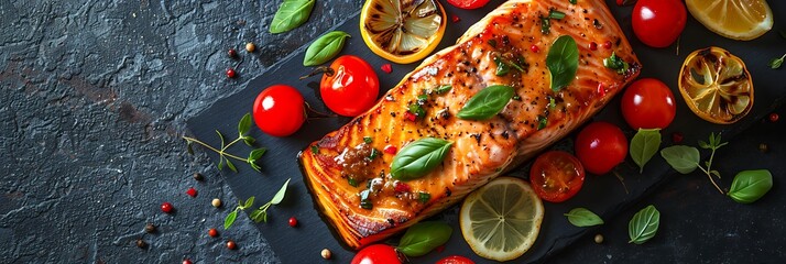 Honey mustard glazed salmon with roasted vegetables, top view horizontal food banner with copy space