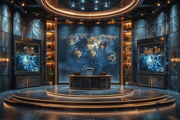 Obraz premium A futuristic command center featuring advanced technology with a glowing world map and displays