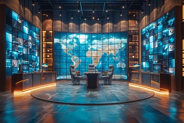 A sophisticated command center with illuminated world map, computer screens, and two individuals monitoring