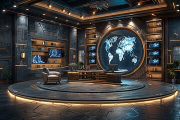 Command center with a backlit world map and stylish office furniture reflecting a modern ambiance