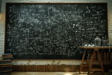 Complex Blackboard scientific formulas lesson. School new lesson with old teacher. Generate Ai