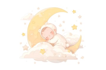 Adorable Baby in Bear Onesie Sleeping on Crescent Moon with Stars - Whimsical and Dreamy Nursery Art Illustration - Cute Baby Sleep Decor