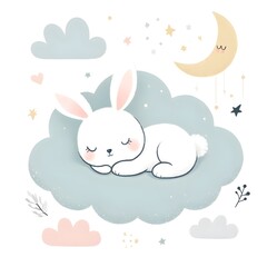 Adorable Bunny Sleeping on Cloud with Moon and Stars - Whimsical and Dreamy Nursery Art Illustraton - Cute Animal Sleep Decor
