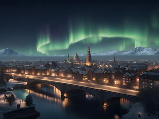 Naklejka premium northern lights over the city