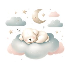 Adorable Puppy Sleeping on Cloud with Moon and Stars - Dreamy and Whimsical Nursery Art Illustration - Cute Pet Sleep Decor
