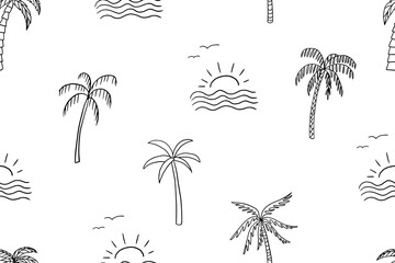 Cute seamless pattern of different palm trees and suns in doodle style. Summer time. Travel design. Adventure. Paradise. Hand drawn. Great for prints, poster, banner and professional design