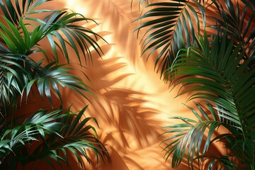 Playful light casts an intricate shadow of tropical plants on an orange textured backdrop, full of warmth