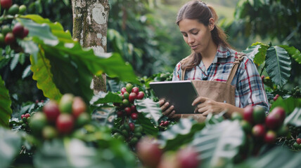 Farmer woman with tablet in coffee plantation.