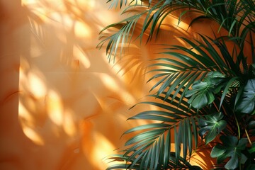 Close-up image of green tropical leaves in contrast with shadow patterns on a warm textured wall