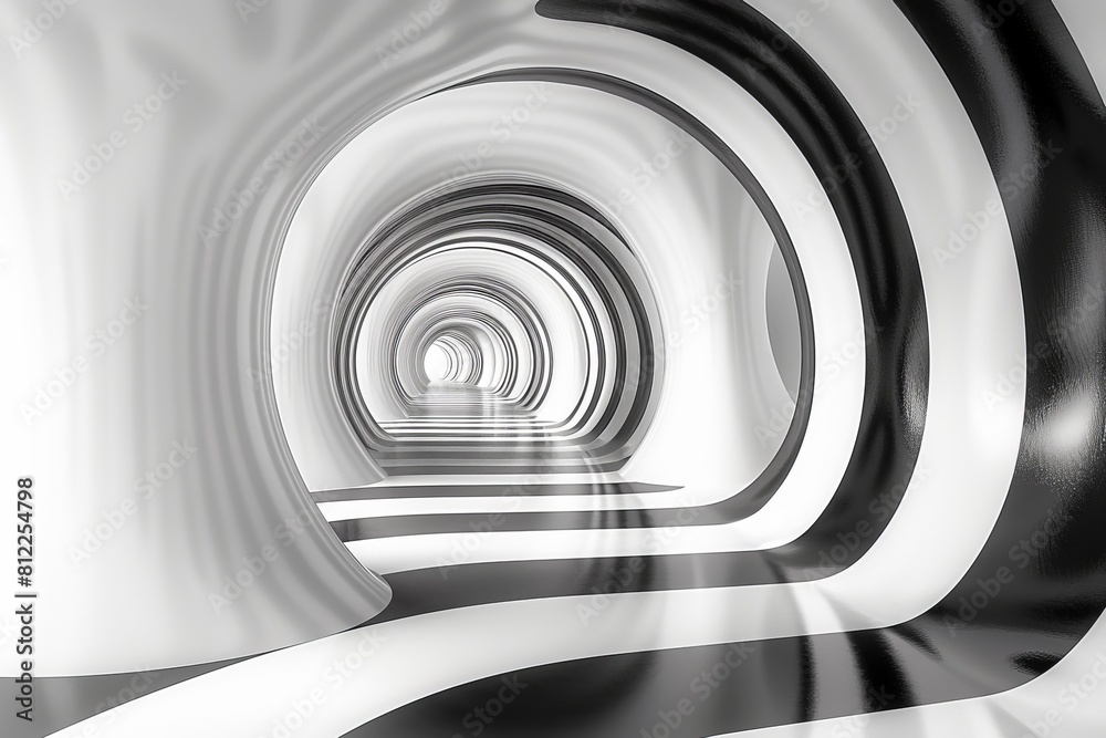 Poster a digitally rendered image showcasing a white infinite corridor with a curving structure creating a 