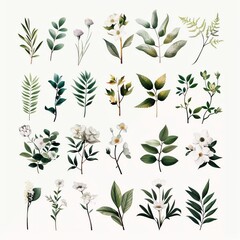 Assorted Botanical Illustrations of Leaves and Flowers on White Background