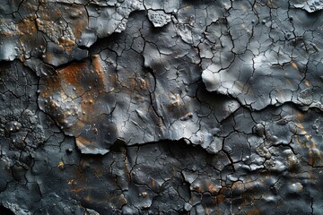 A monochrome close-up of deeply cracked paint on a rusted metal surface with textured detail