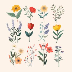 Set of Beautiful Spring Flowers and Blooms Illustration on Beige Background