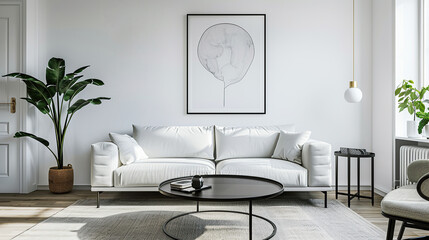 Modern living room interior with sofa in Scandinavian style