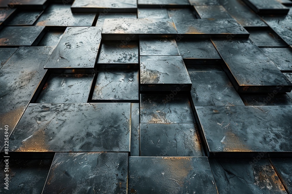 Poster close-up of overlapping black tiles with a wet surface reflecting light, creating a geometric patter