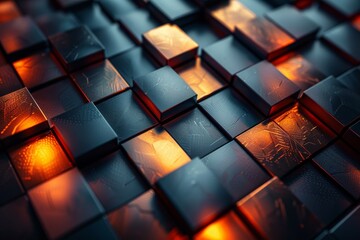 Elevated angle of reflective tiles with a red hue, giving depth and a warm feeling