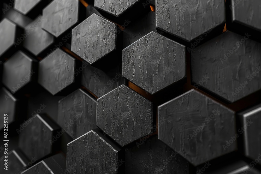 Poster a grayscale image highlighting the shadow and light play across 3d hexagonal tiles with a futuristic