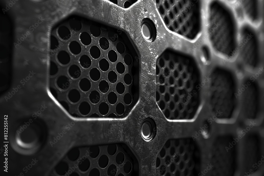 Poster a macro image focusing on the intricate pattern of a perforated hexagonal mesh with a depth of field