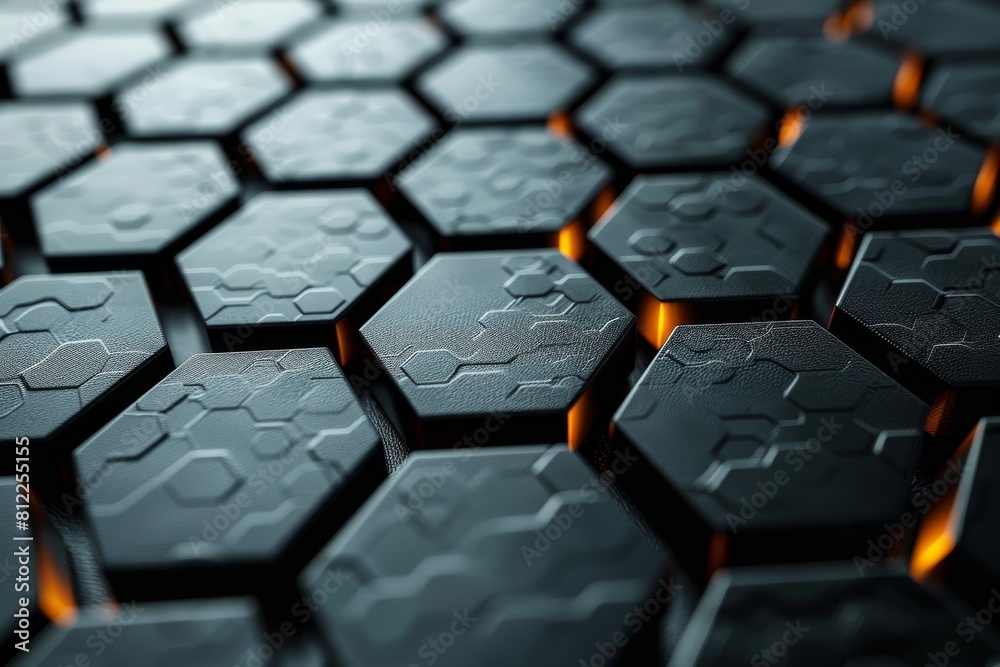 Poster a high-resolution image showcasing a pattern of 3d hexagonal tiles with edges glowing in orange, cre