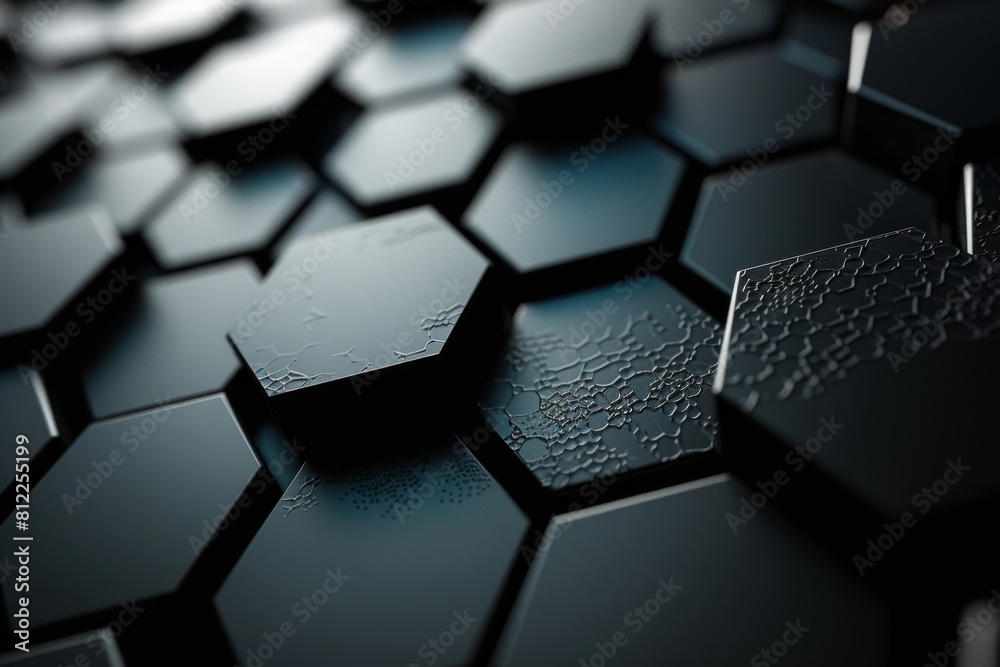 Poster intricate image capture of water droplets on a black hexagonal tiled surface with selective focus an