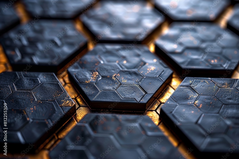 Poster macro shot of hexagonal shapes with a sparkling golden hue highlighting each unique texture and refl