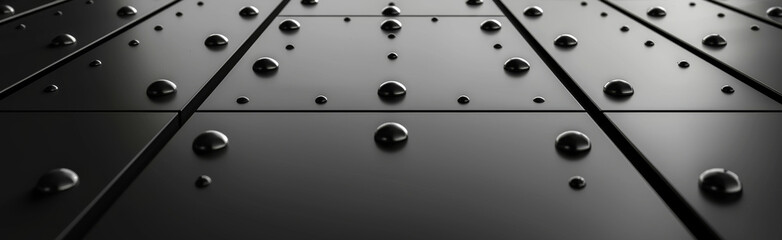 Minimalist Black Surface Detailed With Spherical Droplets. Black Metal Geometric Background