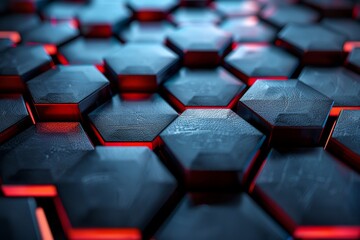Obraz premium Macro shot of a hexagonal structure with red highlights creating a high-tech appearance